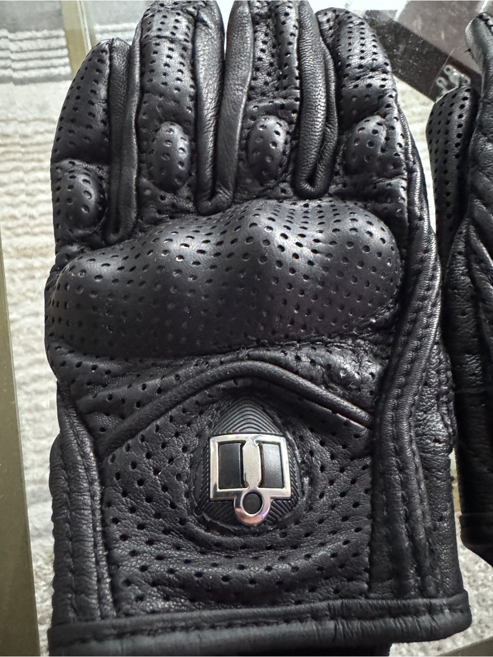 ICON Black Perforated Leather Riding Gloves with Metal Emblem new no tag